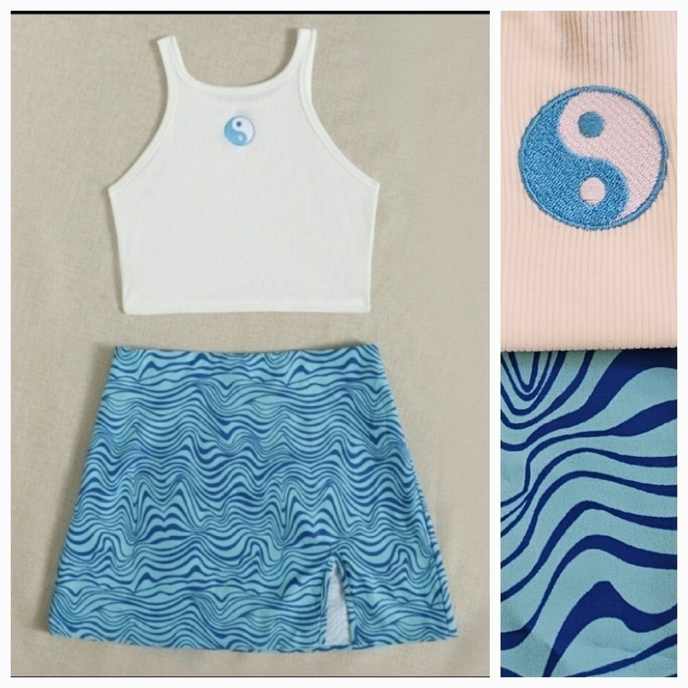 SHEIN Yin & Yang Embroidery Crop Tank & Wave Print Notched Hem Skirt Set Size S - Picture 3 of 13